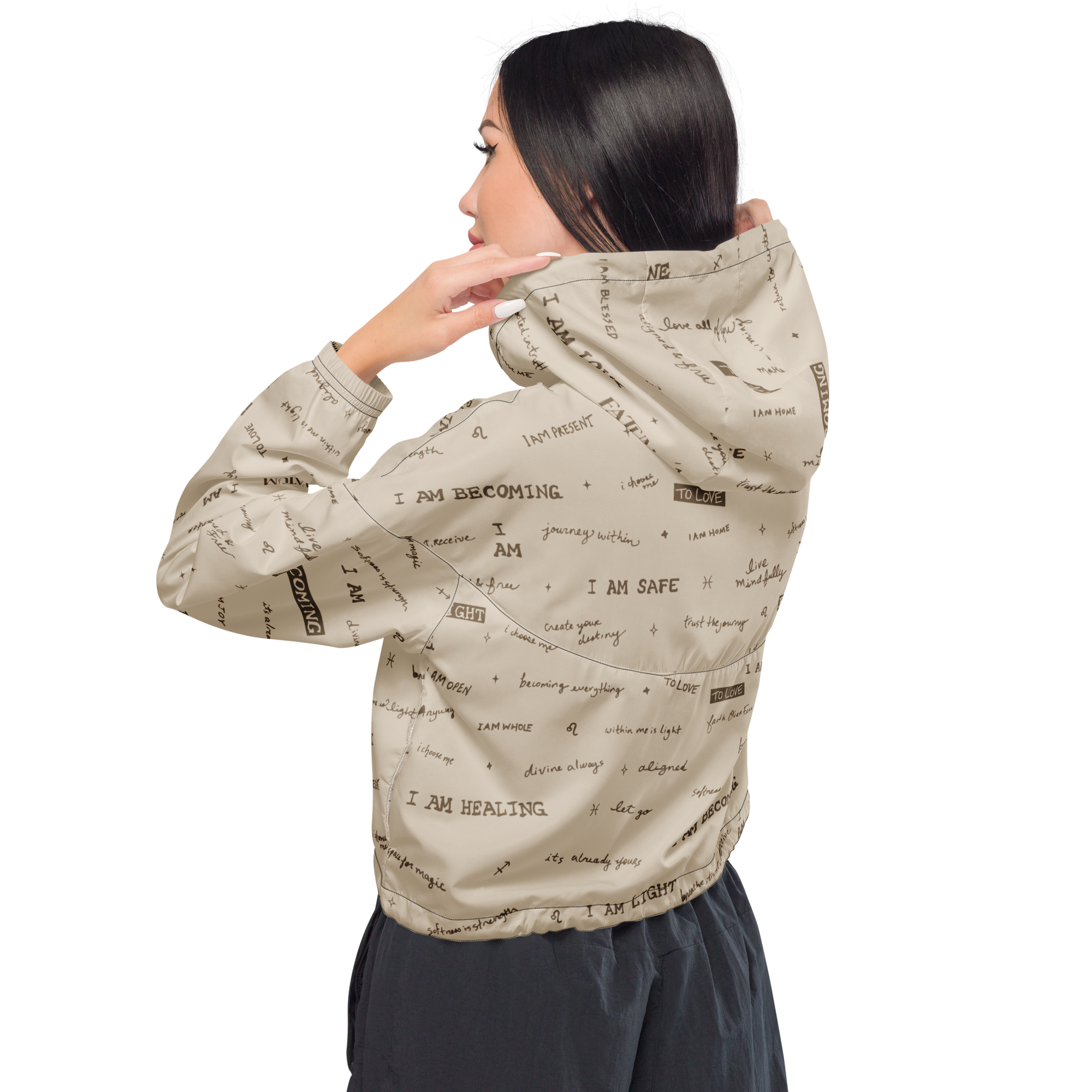 I AM Positive Affirmation Women's Cropped Windbreaker | Neutral Inspirational Jacket