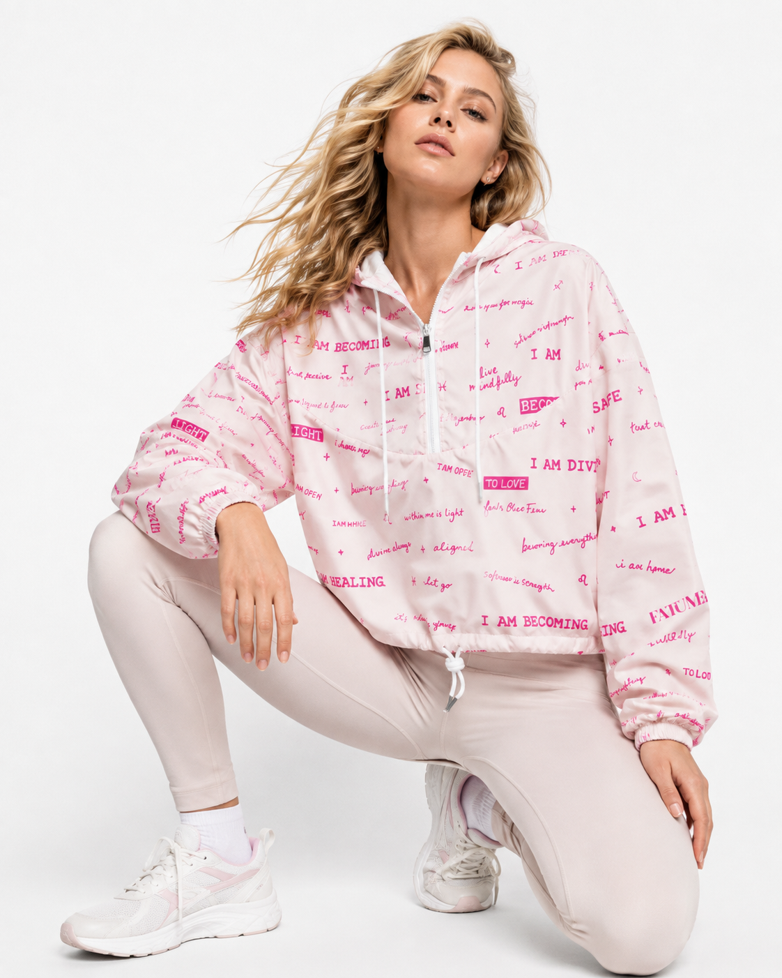 I AM Positive Affirmation Women's Cropped Windbreaker | Pink Inspirational Jacket