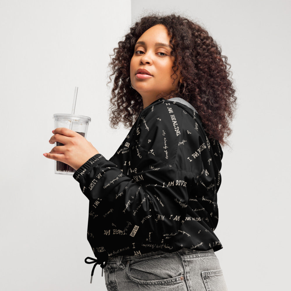 I AM Positive Affirmation Women's Cropped Windbreaker | Black Inspirational Jacket